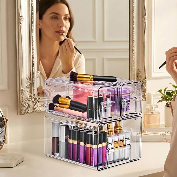 Sorbus 1 Large & 2 Small Clear Stackable Storage Drawers, Plastic Organizer Bins with Handles, Pull-Out Stackable Drawers for Bathroom Closet, Medicine, Cabinet, Pantry Storage, Baby Bottle Organizer