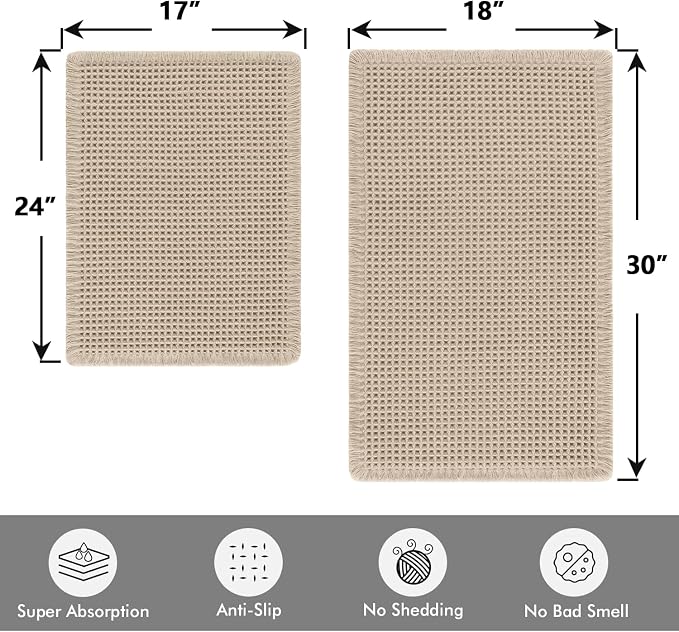 MIULEE Set of 2 Waffle Bathroom Rugs Pale Beige Bath Mat 17"x24"+18"x30" | Non Slip, Super Absorbent, Washable, Ultra Soft, Rubber Backed, Small Boho Bath Rugs for Bathroom Floor Tub Shower