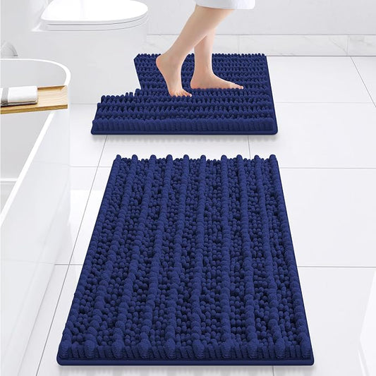 Smiry Bathroom Rugs Sets 2 Piece (24x16+24x20), Extra Soft Bath Mats | Navy Blue Soft Absorbent, Rubber Backing Machine Washable Quick Dry Chenille Bath Rug Set for Tub, Shower, and Floor
