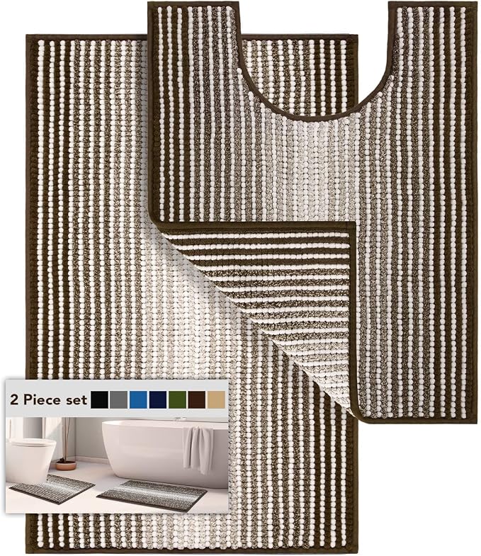 Bathroom Rugs Sets 2 Piece, 32"x20" + U-Shaped 24"x20", Coffee | Ultra Soft Absorbent, Chenille Contour Toilet Rug, Non Slip Striped, Quick Dry Machine Washable, Shower Rug for Bathroom