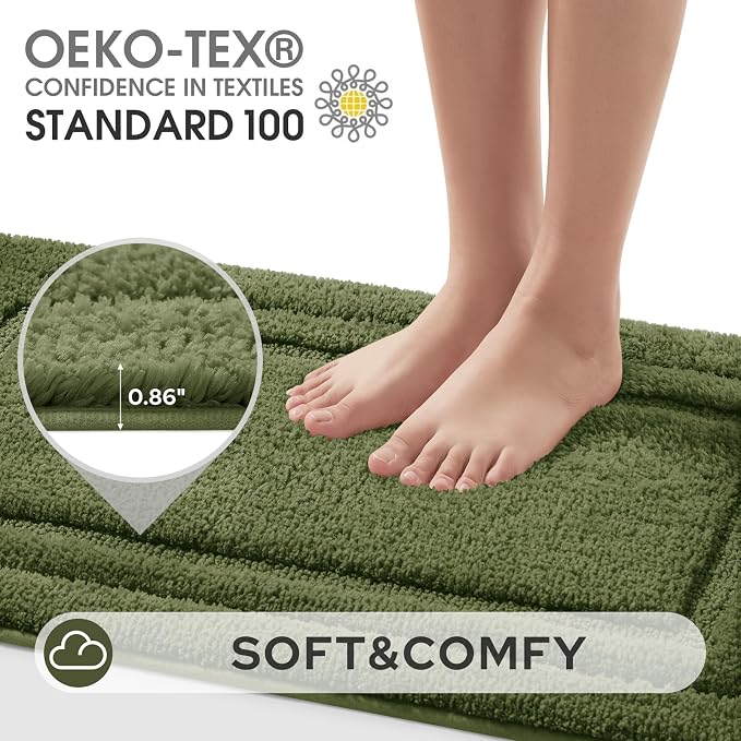HOMEIDEAS Olive Green Bathroom Rugs Set of 3, Non Slip Bath Runners | Super Absorbent, Plush Microfiber, Machine Washable, Stain Resistant, Easy Care, Perfect for Modern Bathroom Decor
