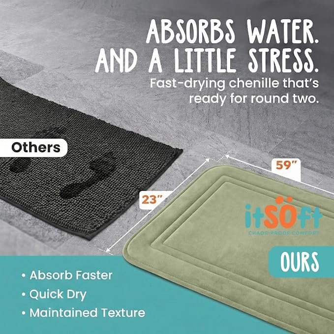 ITSOFT Memory Foam Bath Mat 59X23, Non Slip, Machine Washable, Quick Dry & Absorbent Rugs, Bath Mats for Bathroom Floor, Tub & Shower, Bathroom Rug, Sage Green