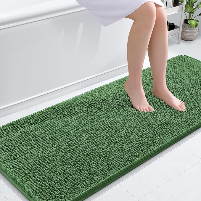 OLANLY Bathroom Runner Rugs 59x24, Extra Soft Absorbent Chenille Bath Rugs | Olive Green, Quick-Drying Rubber Backing, Washable Long Bath Mat for Bathroom Floor, Tub and Shower, Home Decor Accessories