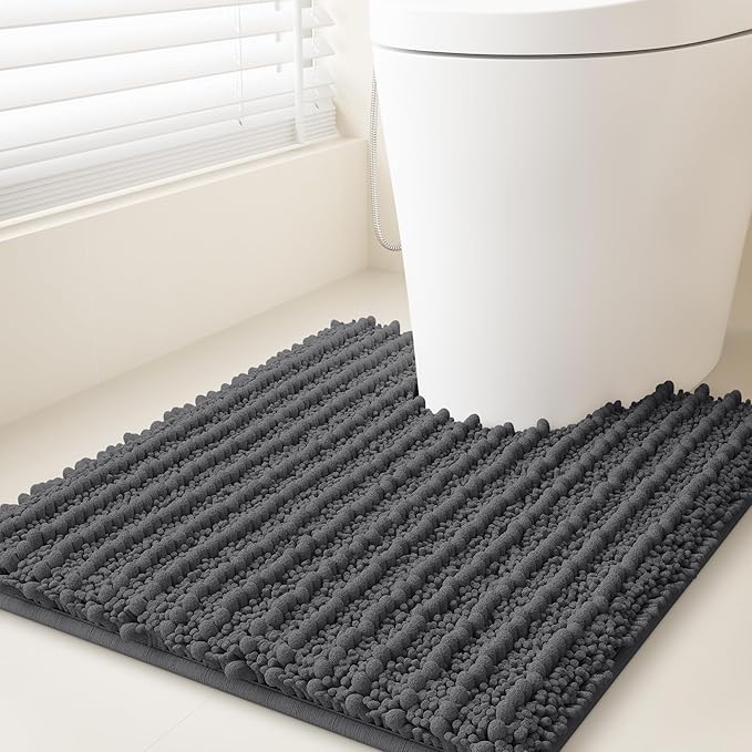 ACCUMTEK Upgrade Luxury Grey Toilet Bathroom Rug Mat 24" x 20" Contour Rug, Ultra Soft Thick Absorbent Bath Mats, Non Slip Chenille Toilet Mat for Bathroom, Bedroom, Kitchen, Shower, Tub, Charcoal