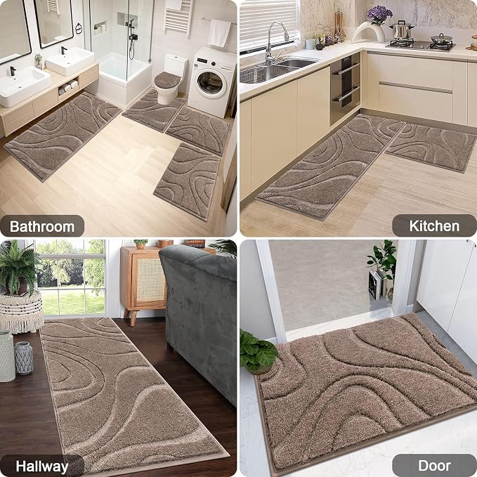 HEBE Bathroom Rugs Sets 5 Piece, Non Slip Washable Absorbent Bath Mat Set | Super Soft Plush Microfiber Bathroom Mats with Runner Set, Solid Bathmat with U-Shaped Toilet Rug Cover Set for Tub, Shower