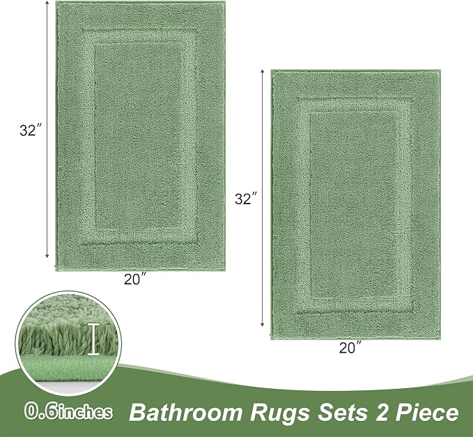 SHACOS Soft Microfiber Sage Green Bathroom Rugs Sets 2 Pieces 32x20 inch | Absorbent Plush Bath Rugs, Non Slip Washable Shaggy Bath Mats, Fluffy Bathroom Runner Floor Mats Shower Rug