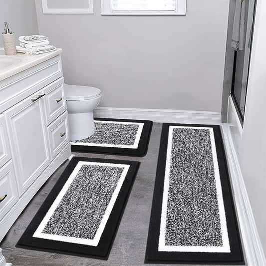 Pauwer Bathroom Rug Sets 3 Piece, Non Slip Washable Bath Mat, Black | Soft Plush Microfiber, Super Absorbent Floor Carpet, U Shaped Toilet Mats, Quick Dry, Shaggy Shower Rugs Runners