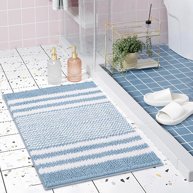 Bathroom Rugs, 20x32 Chenille Bath Mats, Light Blue | Extra Soft Absorbent, Non Slip Striped, Quick Dry Machine Washable, Modern, Shower Rug for Bathroom Bedroom Decor