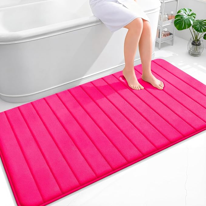 OLANLY Memory Foam Large Bath Mat 59x34, Super Soft Absorbent Bathroom Rugs | Hot Pink, Quick Dry Bath Rug, Machine Washable Shower Floor Mats, Bathmat Carpet for Bathroom Floor, Tub and Shower