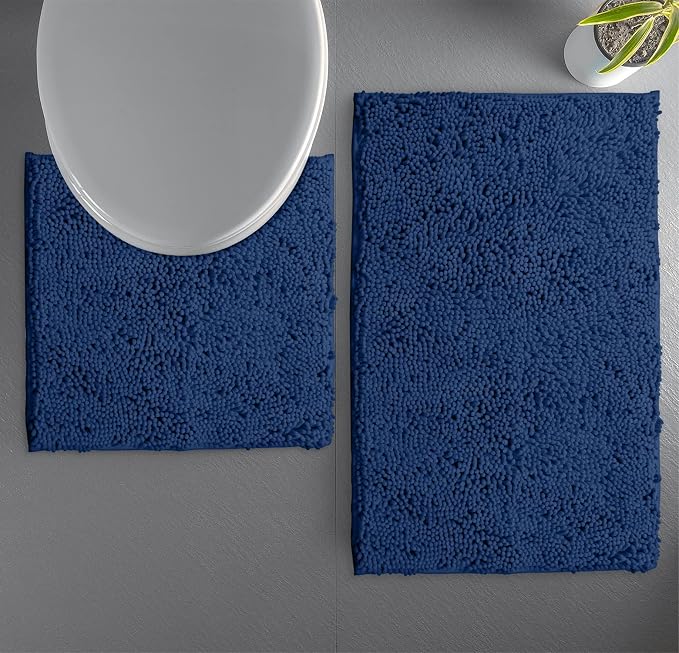 Bathroom Rugs Sets 2 Piece, Luxury Chenille Bath Mat Set, Soft Plush Anti-Slip Bath Rug + U-Shaped Toilet Mat. Microfiber Shaggy Carpet, Super Absorbent. (31''x 20'' Plus 20'' x 20'' U, Blue)
