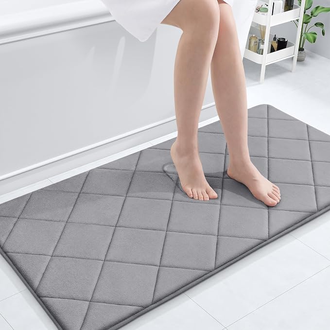 OLANLY Memory Foam Bath Mat 44x24, Ultra Soft and Absorbent Bathroom Rugs | Medium Grey, Quick Dry, Machine Washable Shower Bath Rugs, Comfortable Bath Carpet for Bathroom Floor, Tub and Shower