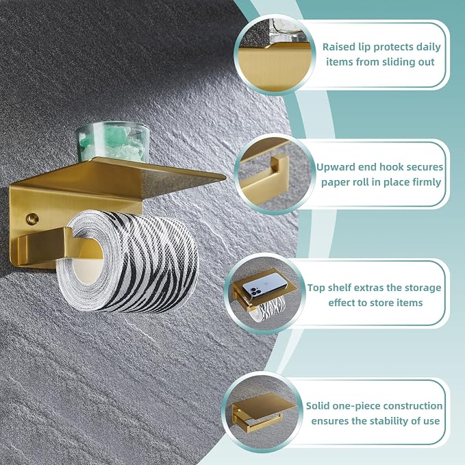 Toilet Paper Holder with Shelf Brushed Dark Gold, APLusee SUS 304 Stainless Steel Modern Bathroom Accessories Tissue Roll Dispenser Storage