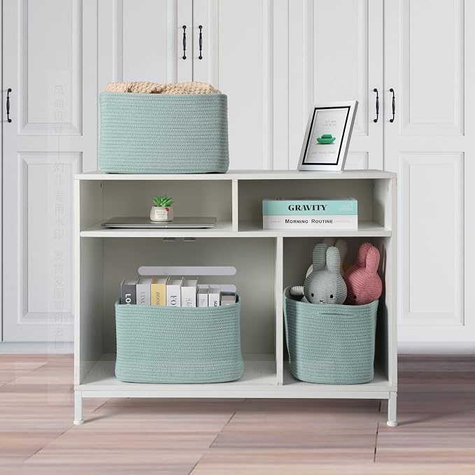 Cotton Rope storage Basket Bins Woven Basket for Organizing Shelves 15X10X9.3" Rectangle Decorative Baskets For storage Clothes Toys Books Towels Nursery basket organizer 3 pack Green
