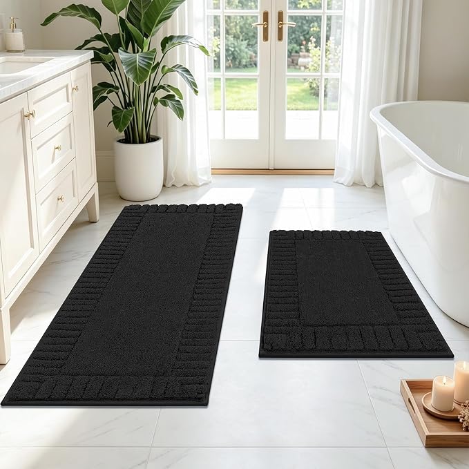 Pauwer Bathroom Rugs Sets 2 Piece, Non Slip Plush Bath Mats, Black | Machine Washable, Microfiber Shower Rugs, Absorbent Quick Dry, Floor Mat for Bath Floor Tub and Shower