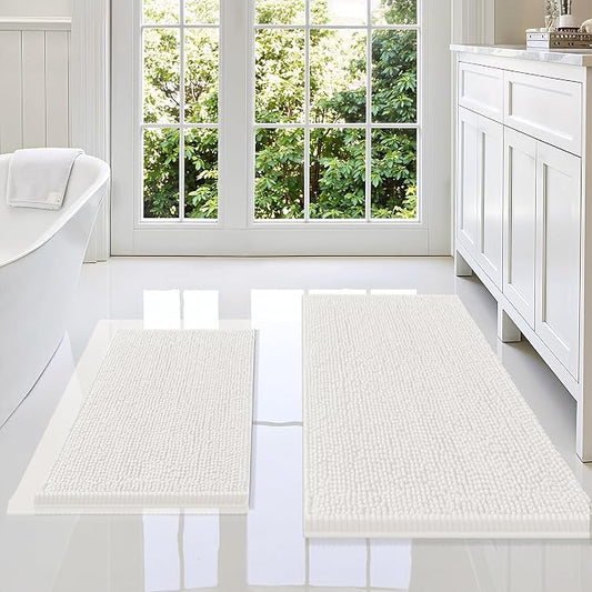 Smiry Chenille Bathroom Rugs Sets 2 Piece (36x24+24x16, Ivory) | Soft Absorbent Machine Washable Non Slip Shaggy Bath Rug Set for Tub, Shower, and Floor, Home Decor