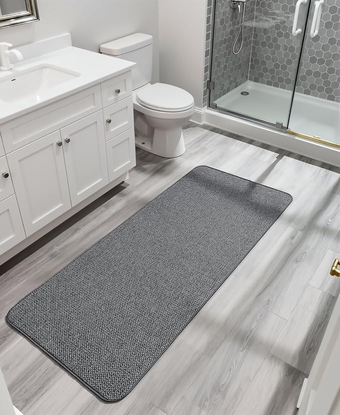 Bath Mat,Ultra Thin Bathroom Runner Rugs,Large Bath Mats for Bathroom,Quick Dry,Non-Slip,Machine Washable,Low Pile,Bath Rug,Shower Outside,Sink,Home Decor Accessories.Dark Grey,1'9"x3'11"（21x47inch）