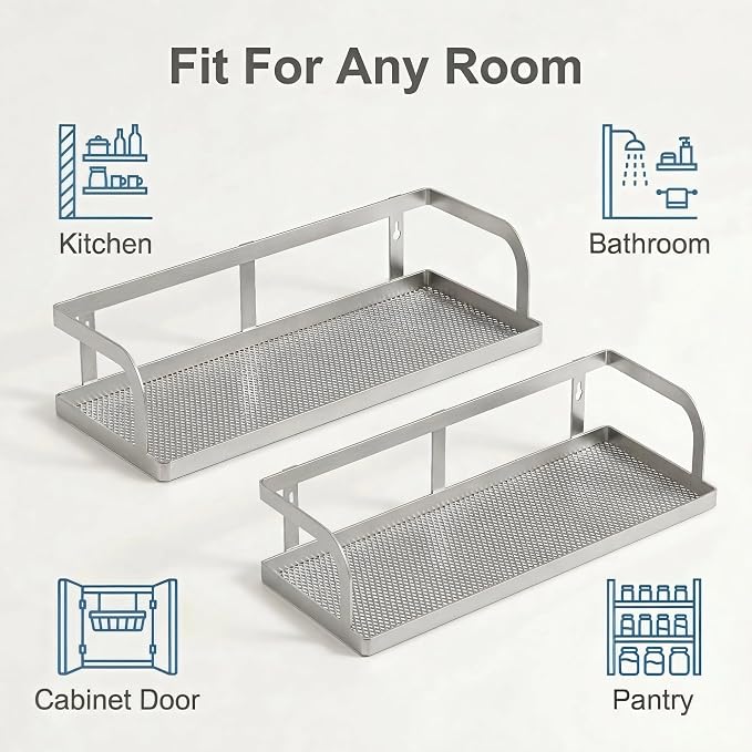 PUSDON 2-Pack Wide Hollowout Shower Caddy & Spice Rack, Wall Mount Bathroom Organizer with Mesh Bottom, Easy Access Cabinet Door Shelf Holds 50LBS - Silver Gray, Hollowout