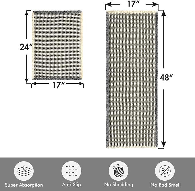 MIULEE Set of 2 Waffle Bathroom Rugs Dark Grey&Yellow 17"x24"+17"x48" | Non Slip, Super Absorbent, Washable, Ultra Soft, Rubber Backed, Small Boho Bath Rug and Bathroom Runner for Floor Tub Shower