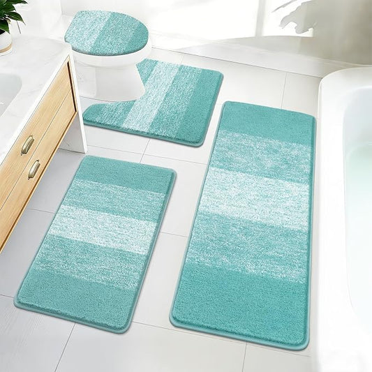 Bsmathom Bathroom Rug Set 4 Piece, Plush Microfiber Bath Mat, Teal | Extra Water Absorbent, Non Slip Washable Runner Bath Rugs with Toilet Lid Cover and U-shaped Contour Toilet Mat