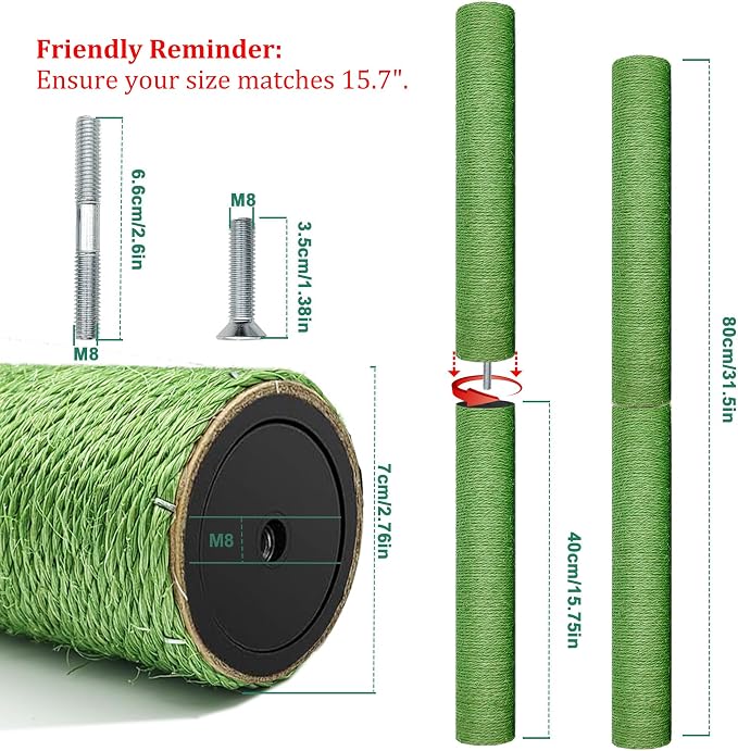 Cat Scratching Post Replacement for Cactus Cat Tree & Tower, Green 4 PCS 15.7in, Natural Sisal Replacement Parts with M8 Screws, Cute Green Cat Tree Refurbishment