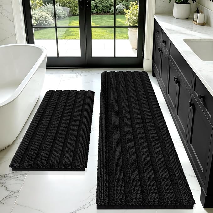 ACCUMTEK Striped Black Bathroom Rug Mat Set 2 piece 32"x20"+60"x20" Ultra Soft, Non Slip Chenille Bath Rugs, Absorbent Plush Shaggy Bath Mats for Bathroom, Bedroom, Kitchen, Shower, Tub