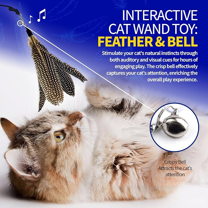 Pet Fit For Life Cat Feather Wand Toys – Interactive Cat Wand Toy for Indoor Pets | 2 Feather Attachments | Promotes Animal Health & Fitness, Made w/ Soft & Durable Materials | Gift (Brown)