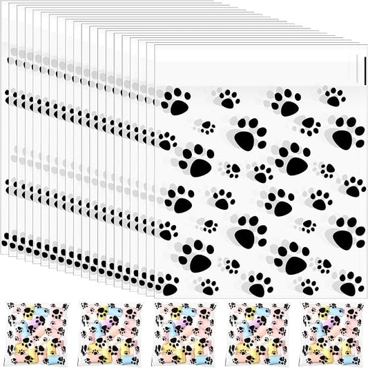 Pasimy 500 Pcs Paw Plastic Bags Pet Cellophane Bags Self-adhesive Clear Treat Pouches for Pet Dog Theme Party Supplies Decor(Clear Black)