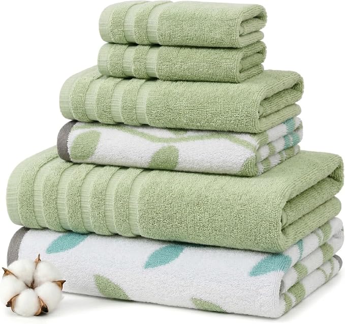 Modern Threads 6 Piece Bath Towel Set – Bathroom Set with 2 Bath Towels, 2 Hand Towels, and 2 Wash Cloths – 100% Cotton, Super Absorbent & Extra Soft – Reversible Natural Vine (Sage Green)