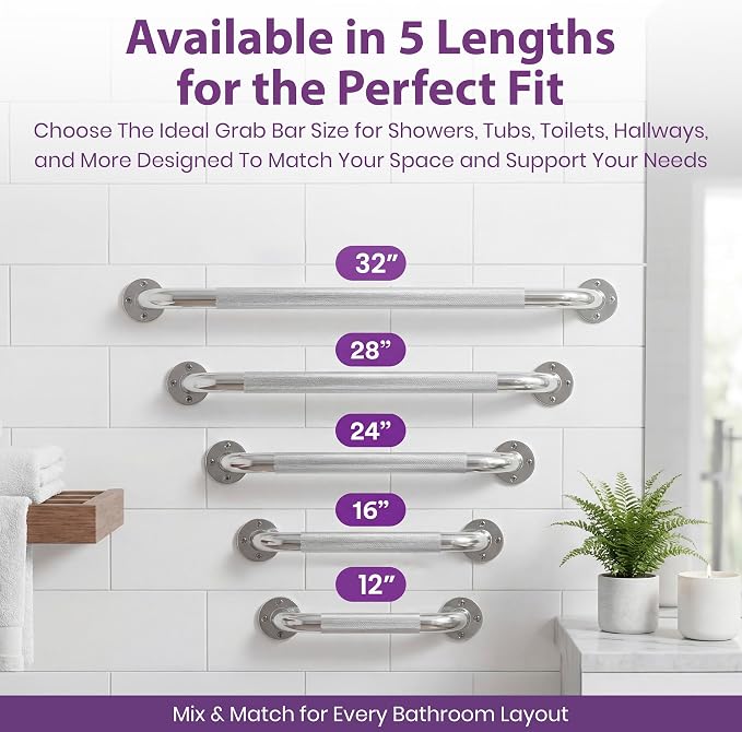 32 Inch Grab Bars for Bathtubs and Showers - Chrome Knurled Bathroom Safety Rail Handle - Non Slip Textured Grip Handicap Grab Bar for Seniors, 250 lbs Weight Support Capacity