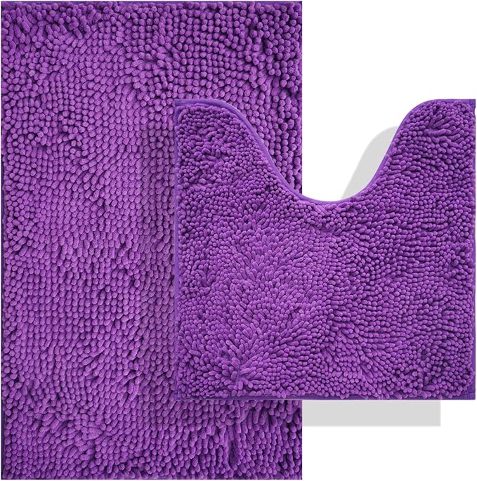 BOANKODU Bathroom Rug Set, 2 Piece Chenille Bath Mat, Non-Slip, 32x20 Inch + 20x20 Inch U Shape, Machine Washable (Violet)