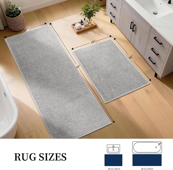 Long Large Bathroom Rugs Sets 2 Piece, Quick Dry Thin Bath Mat, Non Slip Absorbent Machine Washable, Bath Runner Rug for Tub Sink Home Decor (24"x36" + 24"x59",Gray)
