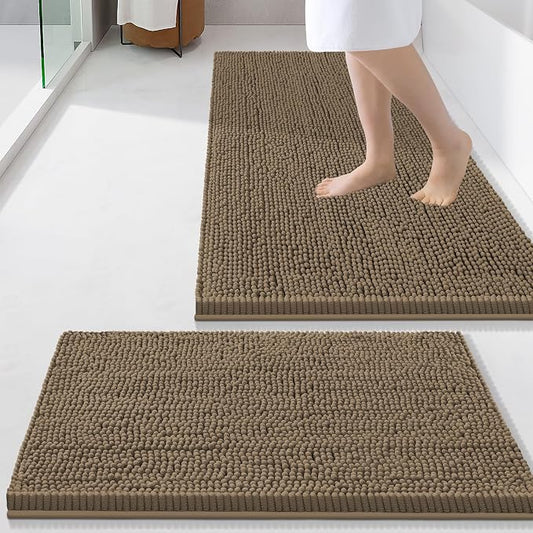 Smiry Chenille Bathroom Rugs Sets 2 Piece (34x21+24x16, Camel) | Soft Absorbent Machine Washable Non Slip Shaggy Bath Rug Set for Tub, Shower, and Floor, Home Decor