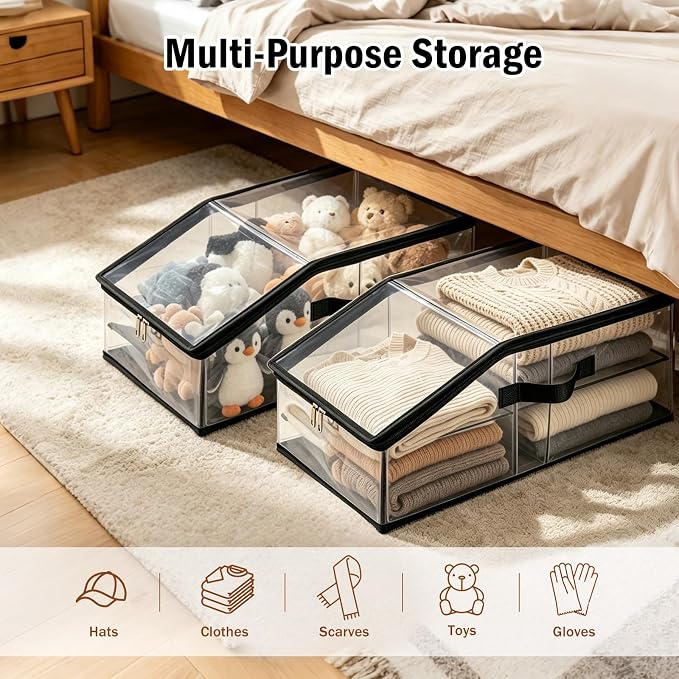 Foldable Clear Baseball Cap Storage Organizer – Stackable Transparent Hat Display Case with Zipper Closure 2PCS– Space-Saving Protective Unit for Baseball Caps & Accessories Black Trim