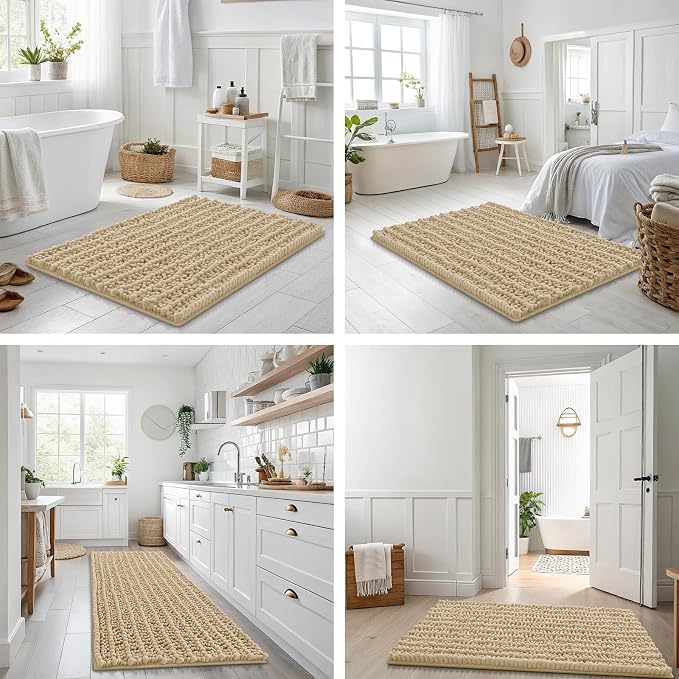 Smiry Bathroom Rugs 30X18, Extra Soft Rubber Backing Chenille Bath Mats | Beige Machine Washable Non Slip Quick Dry Bath Mats for Bathroom Floor, Tub, Shower, Home Decor Accessories