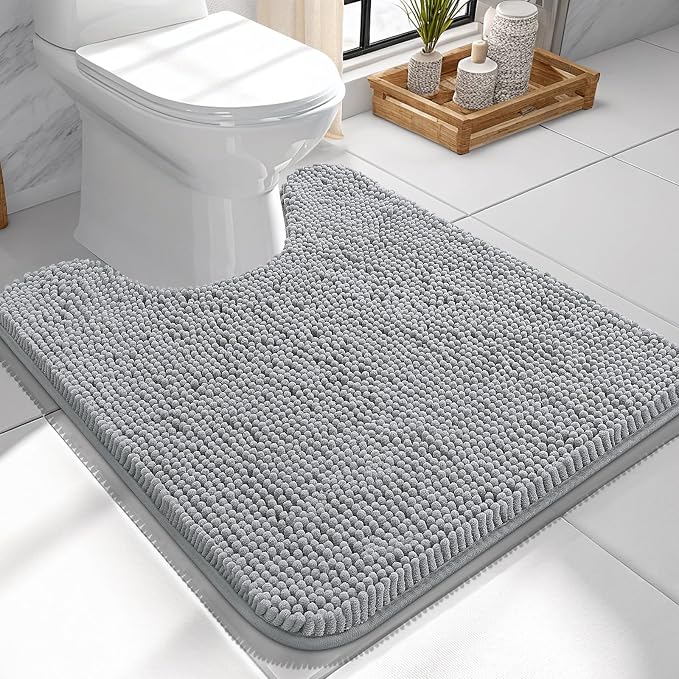 OLANLY Toilet Rugs U-Shaped 24x24, Soft Absorbent Chenille Contour Rugs | Light Grey, Quick-Drying Rubber Backing, Machine Washable Non-Slip Shaggy Bathroom Mat for Toilet, Home Decor Accessories