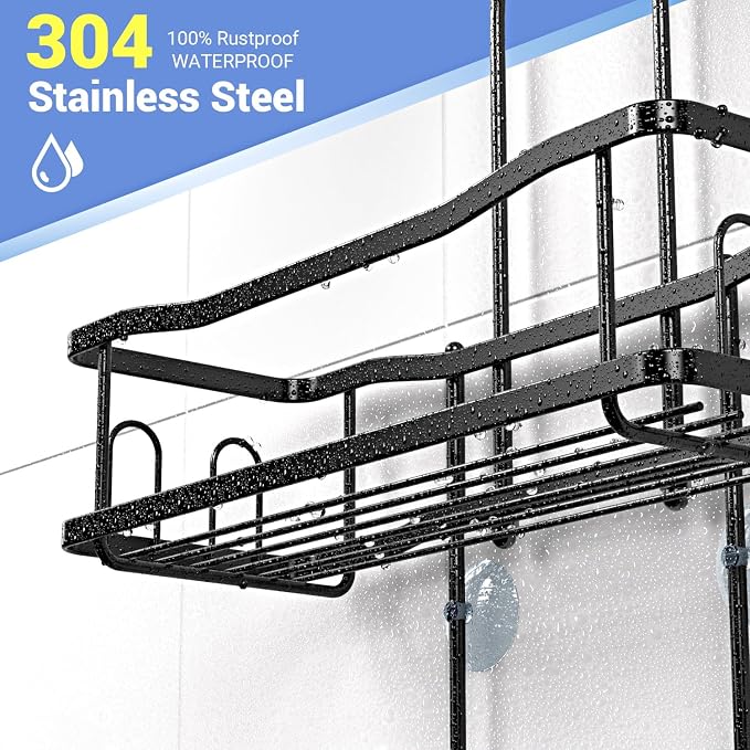 Hanging Shower Caddy Over Shower Head - No Drill Rustproof Shower Rack | Includes Soap Holder and Hooks for Shampoo, Conditioner, and Bathroom Essentials with Stable Storage in Any Shower Space