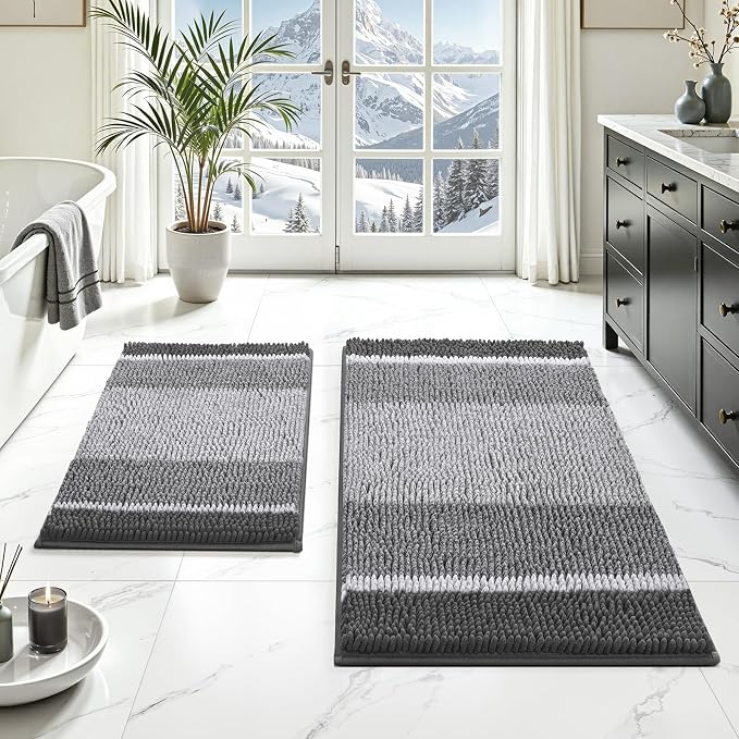 HOMEIDEAS Grey Bathroom Rugs Set of 2, Striped Chenille, 20"x32"+17"x24" | Non Slip Absorbent Bath Mats, Fluffy Striped Chenille Soft Shaggy Bath Rugs for Bathroom Floor and Tub, Machine Washable