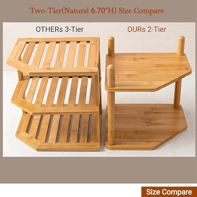 2-Tier Expandable Bamboo Corner Shelf - Dish/Plate Organizer for Cabinet, Kitchen Counter Shelf & Small Kitchen Shelf, Adjustable (6.7" H-White, 2-Tier)