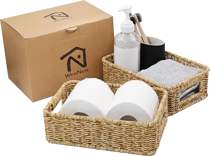 WeeNest Baskets for Organizing, Small Wicker, Storage Bins for Bathroom and Toilet Paper Rolls, Hand Woven Tank Topper with Handle, Set of 2, Oat Milk