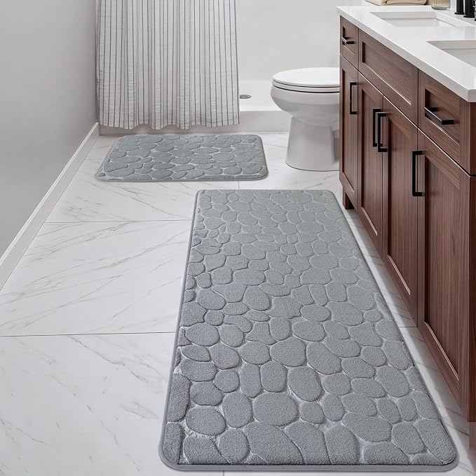 YIHOUSE Bathroom Rugs Mat Set, Memory Foam Bath Mat 2 Piece Gray | 17x24&20x46, Non Slip, Water Absorbent, Washable, Bath Mat For Bathroom, Sink and Toilet