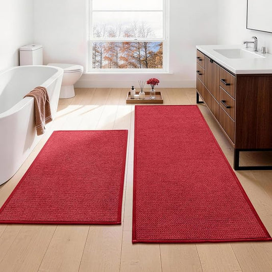 Long Large Bathroom Rugs Sets 2 Piece, Quick Dry Thin Bath Mat, Non Slip Absorbent Machine Washable, Bath Runner Rug for Tub Sink Home Decor (24"x36" + 24"x59",Red)