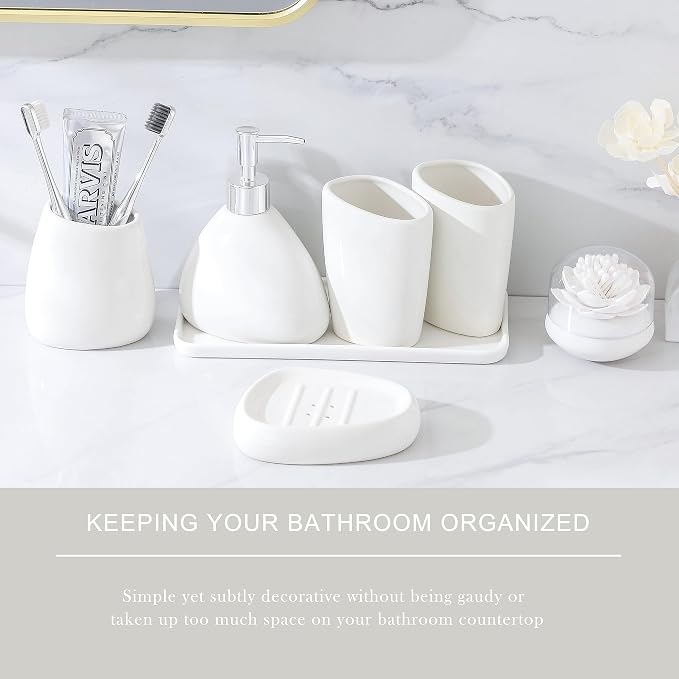Ceramic Bathroom Accessory Set, 7 Pieces Countertop Accessories, Include Soap Dispenser, Toothbrush Holder, 2 Tumbler Cup, Soap Dish, Plastic Vanity Tray, Qtip Holder (White)