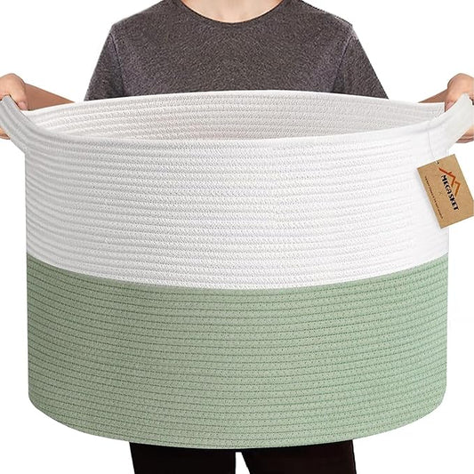 MEGASKET Extra Large Blanket Basket, 22" X 22" X 14" Kids Dog Toy Storage Bin Box, Nursery Baby Toddler Toy Organizer, Soft Cotton Rope Woven Bin, Large Basket for Blankets for Living Room, Green