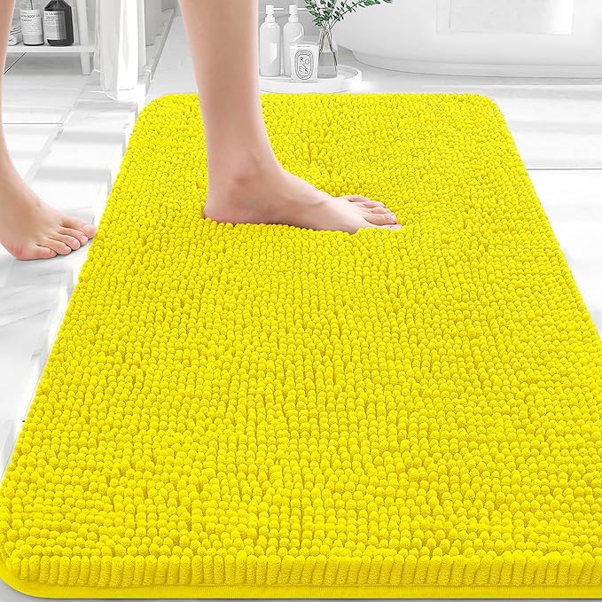 OLANLY Bathroom Rugs 36x24, Extra Soft Absorbent Chenille Bath Rugs | Lemon Yellow, Quick-Drying Rubber Backing, Washable Bath Mat for Bathroom Floor, Tub and Shower, Home Decor Accessories