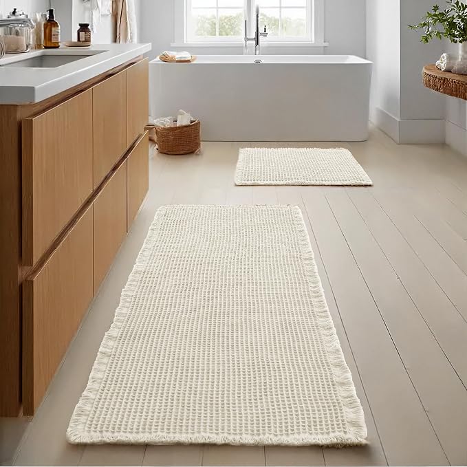 JIUZHEN Set of 2 Waffle Bathroom Rugs Non Slip Bath Mats, 16"x24"+24"x60" | Ivory, Boho, Super Absorbent, Washable, Ultra Soft, Fast Drying Bath Rug and Bathroom Runner for Kitchen Hallway Laundry