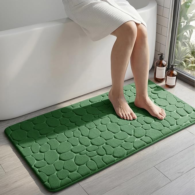 YIHOUSE Memory Foam Runner Rug, Cobblestone Bathroom Runner Rugs Super Water Absorbent Bath Mats for Bathroom Machine Washable Bath Rugs for Hallway Bedroom Laundry Room(24 x 47,Green)