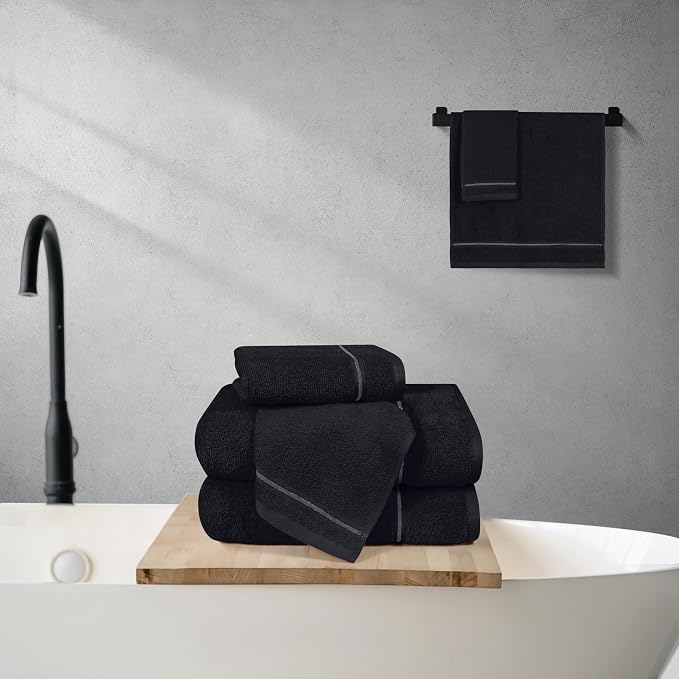 MyOwn Ultra Soft 6 Pack Cotton Towel Set, Contains 2 Bath Towels 28x55 inch, 2 Hand Towels 16x24 inch & 2 Wash Coths 12x12 inch, Ideal Everyday use, Compact & Lightweight - Black