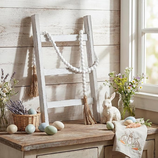 AceOrbit 2 Pcs 14'' Tea Towel Ladder with 3.3 ft Vintage Wood Bead Garland Small Decorative Ladder Hand Towel Stand Mini Blanket Holder Rack Kitchen Counter Farmhouse Rustic Bathroom Decor(White)