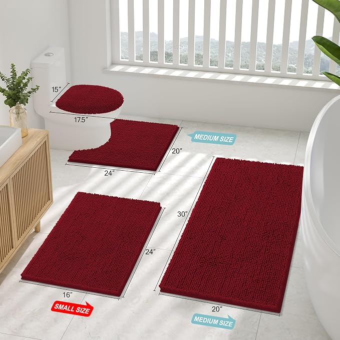 Smiry Chenille Bathroom Rugs Sets 2 Piece (24x16+ U Shape 24x20, Red) | Soft Absorbent Machine Washable Non Slip Shaggy Bath Rug Set for Tub, Shower, and Floor, Home Decor
