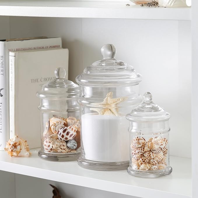 Glass Apothecary Jars Bathroom Storage Organizer Canisters (Set of 3, Clear)
